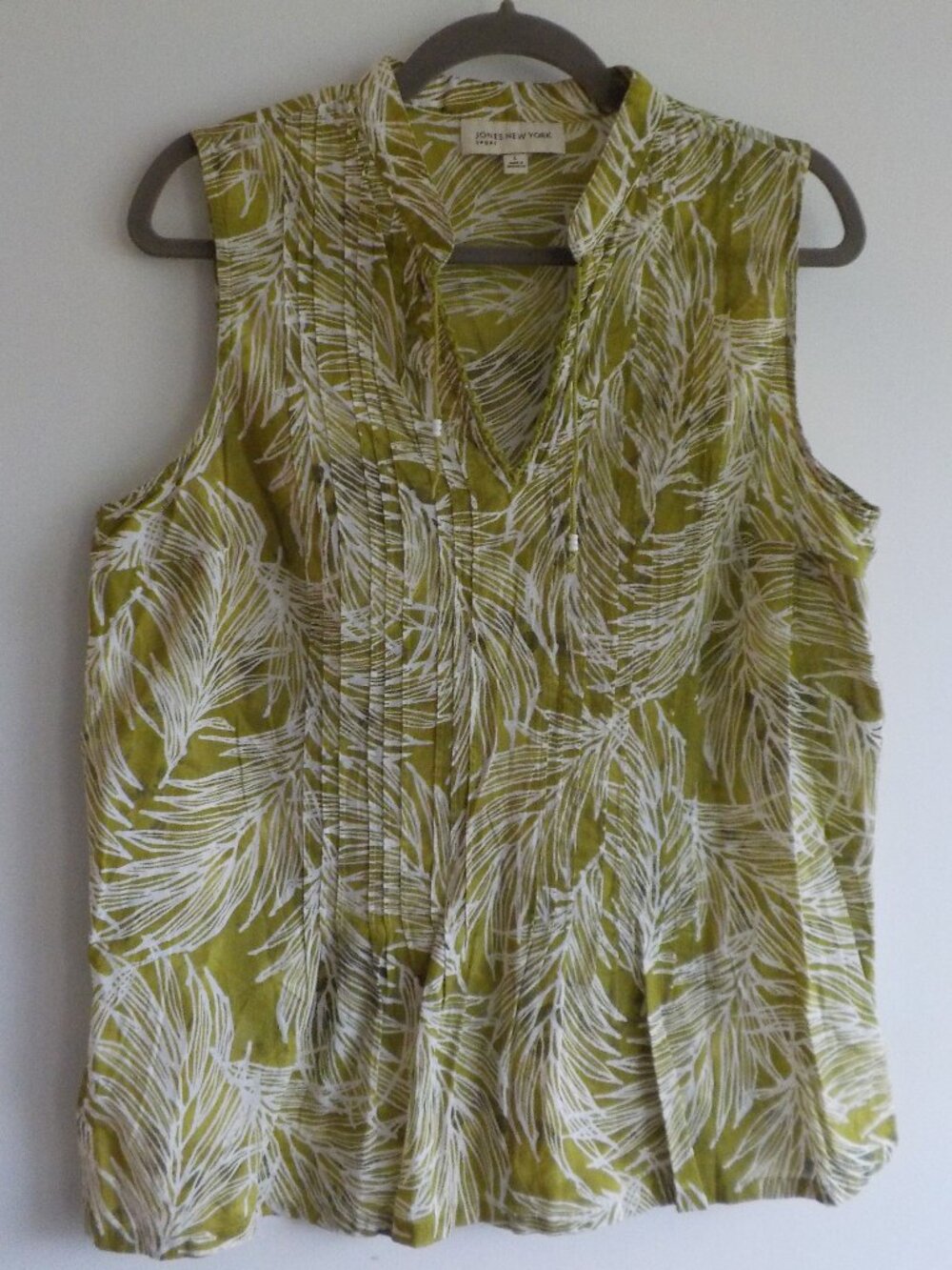 Jones New York Blouse - Large - Green/White Sleeveless COTTON Tropical (2279)